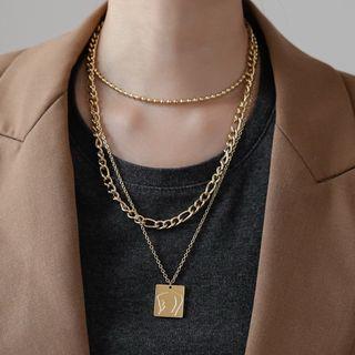 Stainless Steel Tag Pendant Layered Necklace