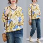 Long-sleeve V-neck Floral T-shirt Yellow Flowers - White - One Size