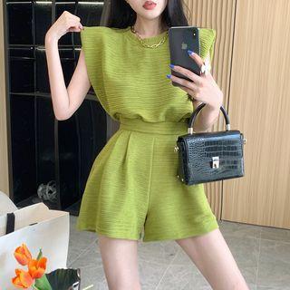 Set: Cap-sleeve Crew Neck Top + Wide Leg Shorts