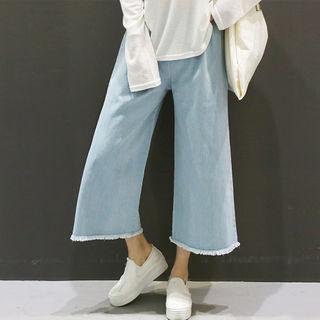 Band-waist Fringed Denim Wide-leg Pants