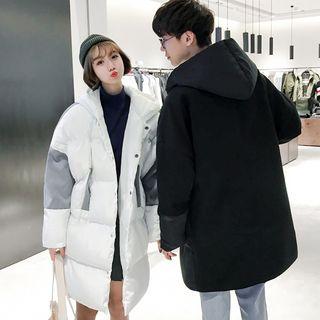 Couple Matching Color Block Buttoned Hooded Padded Coat