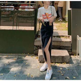 Short-sleeve Print T-shirt / Denim Midi Skirt