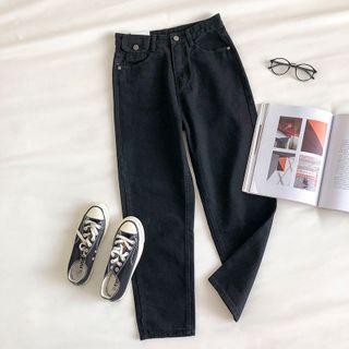 Plain High-waist Straight Cropped Jeans