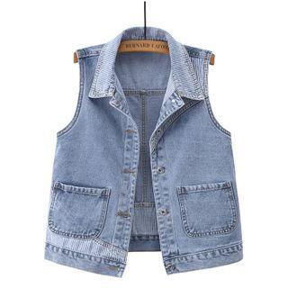 Striped Panel Denim Vest
