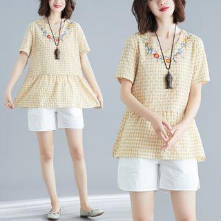Short-sleeve Floral Embroidered Gingham Blouse