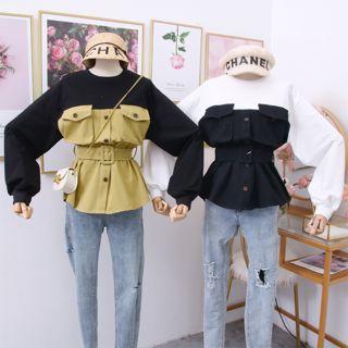Patchwork Mock Two-piece Pullover With Belt