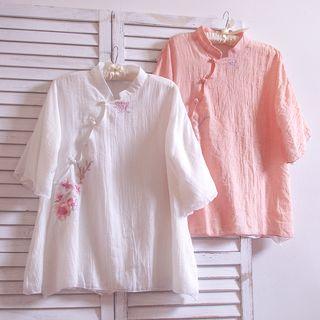 Elbow-sleeve Embroidered Frog-button Top