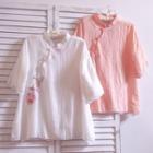 Elbow-sleeve Embroidered Frog-button Top