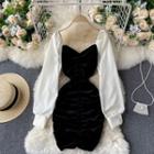 V-neck Long-sleeve Ruched Color Block Velvet Dress