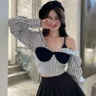 Mock Two-piece Long-sleeve Cold Shoulder Striped Crop Top