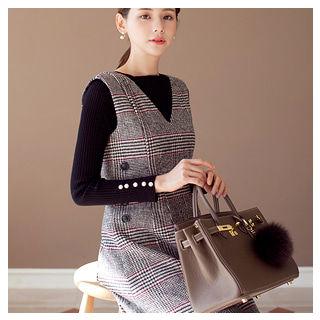 Sleeveless Button-trim Plaid A-line Dress