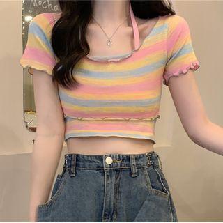 Set: Striped Cropped Halter Top + Short-sleeve Cropped T-shirt