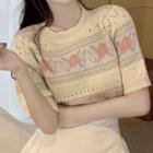 Short-sleeve Jacquard Knit Top Almond - One Size