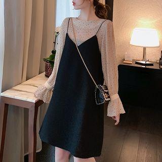 Set: Bell-sleeve Blouse + Spaghetti Strap Dress Blouse - Off White - One Size / Dress - Black - One Size