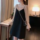 Set: Bell-sleeve Blouse + Spaghetti Strap Dress Blouse - Off White - One Size / Dress - Black - One Size
