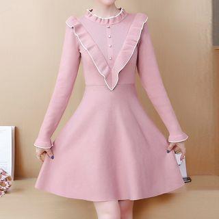 Long-sleeve Frill-trim Knit A-line Mini Dress