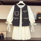 Set : Plain Strap Knot Strap Shirtdress + Plaid Vest