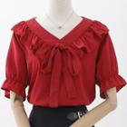 Short-sleeve Ruffle Bow Accent Blouse