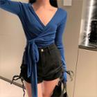 V-neck Lace-up Long-sleeve T-shirt / High-waist Drawstring Denim Shorts
