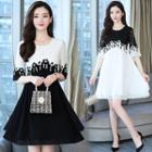 Elbow-sleeve Two Tone A-line Dress