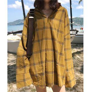 Plaid Lace Up Long-sleeve Blouse