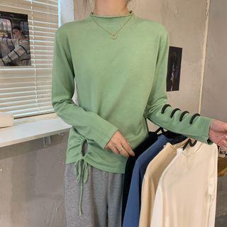 Long-sleeve Mock-neck Drawstring Knit Top