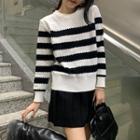 Round-neck Striped Long-sleeve Knit Top / Plain High-waist Accordion Pleat Mini Skirt