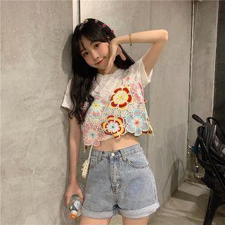 Short-sleeve Crinkle Crop T-shirt / Crochet Cropped Camisole Top