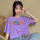 Elbow-sleeve Printed Lace-up T-shirt