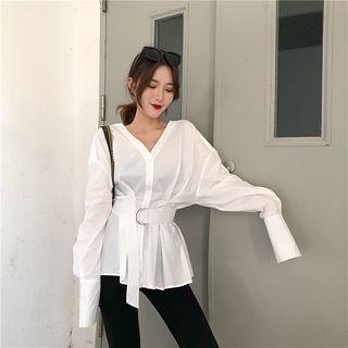 Plain V-neck Long-sleeve Shirt White - One Size