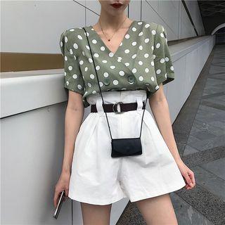 Set Of 2 : Dotted Short-sleeve Top + High-waist Wide-leg Shorts