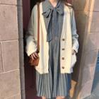 Button Cardigan / Long-sleeve Plaid Pleated Dress