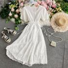 V-neck Drawstring Short-sleeve Lace Dress White - One Size