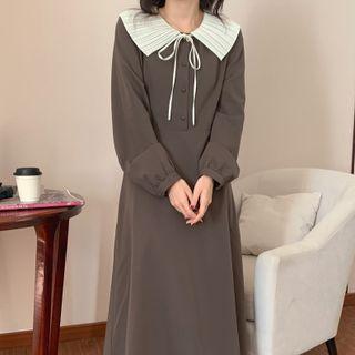 Long-sleeve Pleated Collar A-line Midi Dress