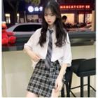 Elbow-sleeve Shirt / Asymmetric Plaid Mini Skorts / Tie