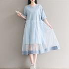 Lace Hem Mesh Overlay Elbow Sleeve T-shirt Dress