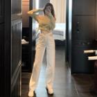 Buckled-back Cutout-shoulder Cropped Sweatshirt / Cutout-waistline Straight-cut Jeans