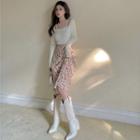 Cutout Crop Knit Top / Corduroy Floral Midi Skirt