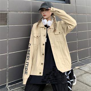 Lettering Print Cargo Shirt Jacket Khaki - One Size