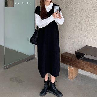 Plain Shirt / Midi Rib Knit Pinafore Dress