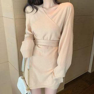 Long-sleeve Plain Knit Mini Dress Camel - One Size