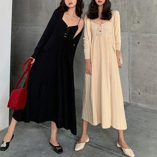 Set: Plain Light Jacket + Pleated Sleeveless Dress