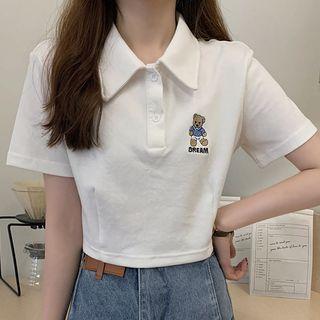 Bear Embroidered Cropped Polo Shirt