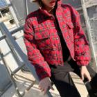 Funnel-neck Plaid Cropped Quilted Jacket