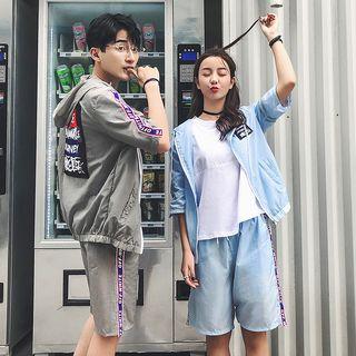 Couple Matching Set: Print Short-sleeve Hooded Jacket + Shorts