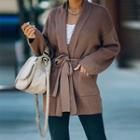 Long Sleeve Tie-waist Cardigan Coffee - One Size