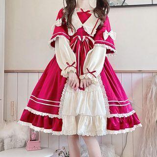 Long-sleeve Two-tone Ribbon A-line Dress / Ribbon Head Band / Set