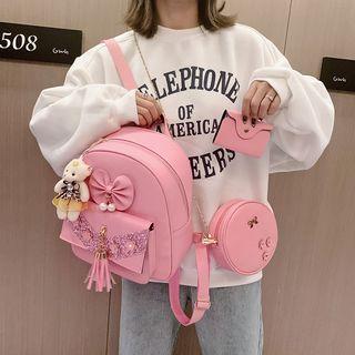 Set: Bear Charm Faux Leather Backpack + Crossbody Bag + Purse