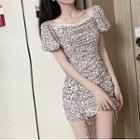 Puff-sleeve Floral Ruched Dress