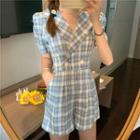 Short-sleeve Plaid Double-breasted Shirt Playsuit